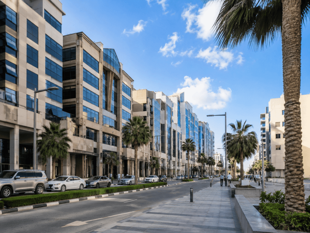 Home Commercial district street with office buildings in Dubai